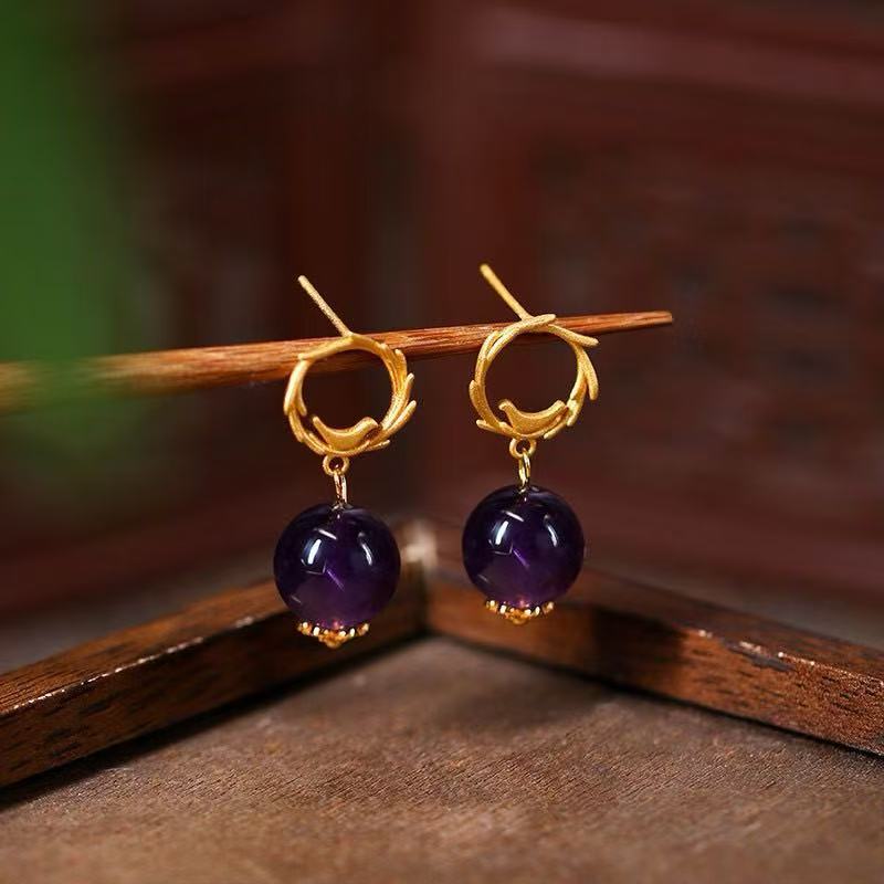 Handmade Natural Amethyst Crystal Earrings – Original Retro Chinese Style with Elegant Luxury