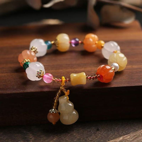 Golden Jade w/MIXED STONE - shaped Bead Bracelet for girls- Retro Ethnic - style Pi Xiu, Gourd and Pumpkin - themed Five - color Jade Hand - string