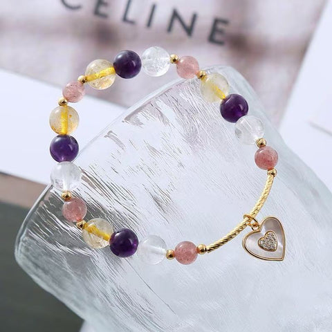 Multigem Crystal Bracelet for Ladies - Heart - designed Amethyst, Pink and Strawberry Quartz Beads, New Minimalist Look for Spring - Summer