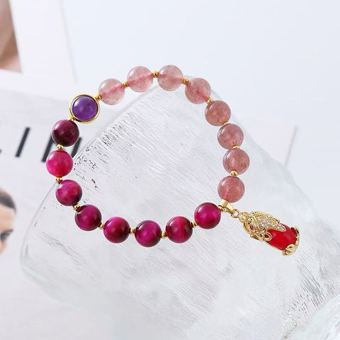 Natural Strawberry Quartz & Tiger's Eye Crystal Bracelet - In - style and Niche Creative Design with Pi Xiu Beads - Ideal Handmade Gift