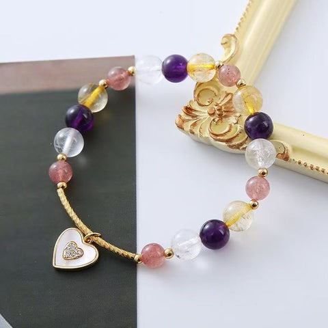Multigem Crystal Bracelet for Ladies - Heart - designed Amethyst, Pink and Strawberry Quartz Beads, New Minimalist Look for Spring - Summer