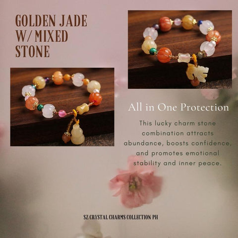 Golden Jade w/MIXED STONE - shaped Bead Bracelet for girls- Retro Ethnic - style Pi Xiu, Gourd and Pumpkin - themed Five - color Jade Hand - string