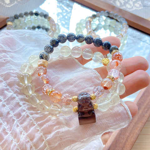 Guardian Lion Double Circle Bracelet – Obsidian Lion Seal, Black Rutilated Quartz, Citrine & Black Gold Super Seven Beads
