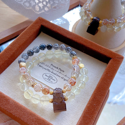 Guardian Lion Double Circle Bracelet – Obsidian Lion Seal, Black Rutilated Quartz, Citrine & Black Gold Super Seven Beads