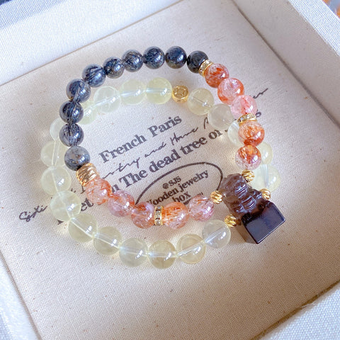 Guardian Lion Double Circle Bracelet – Obsidian Lion Seal, Black Rutilated Quartz, Citrine & Black Gold Super Seven Beads