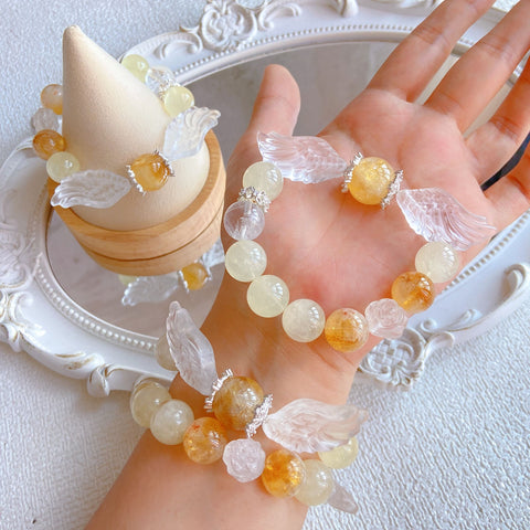 Rise to Riches Bracelet – Citrine, Yellow Pagoda Quartz, Clear Quartz Flower & Wing Beads