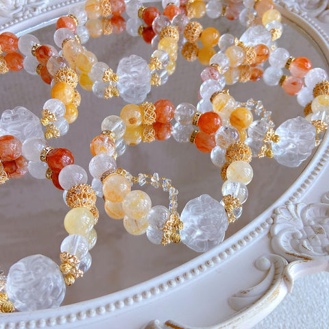 Koi Fox Bracelet – Colorful Rutilated Quartz & Clear Quartz Beads, 12mm+ Lying Fox Design for Good Luck