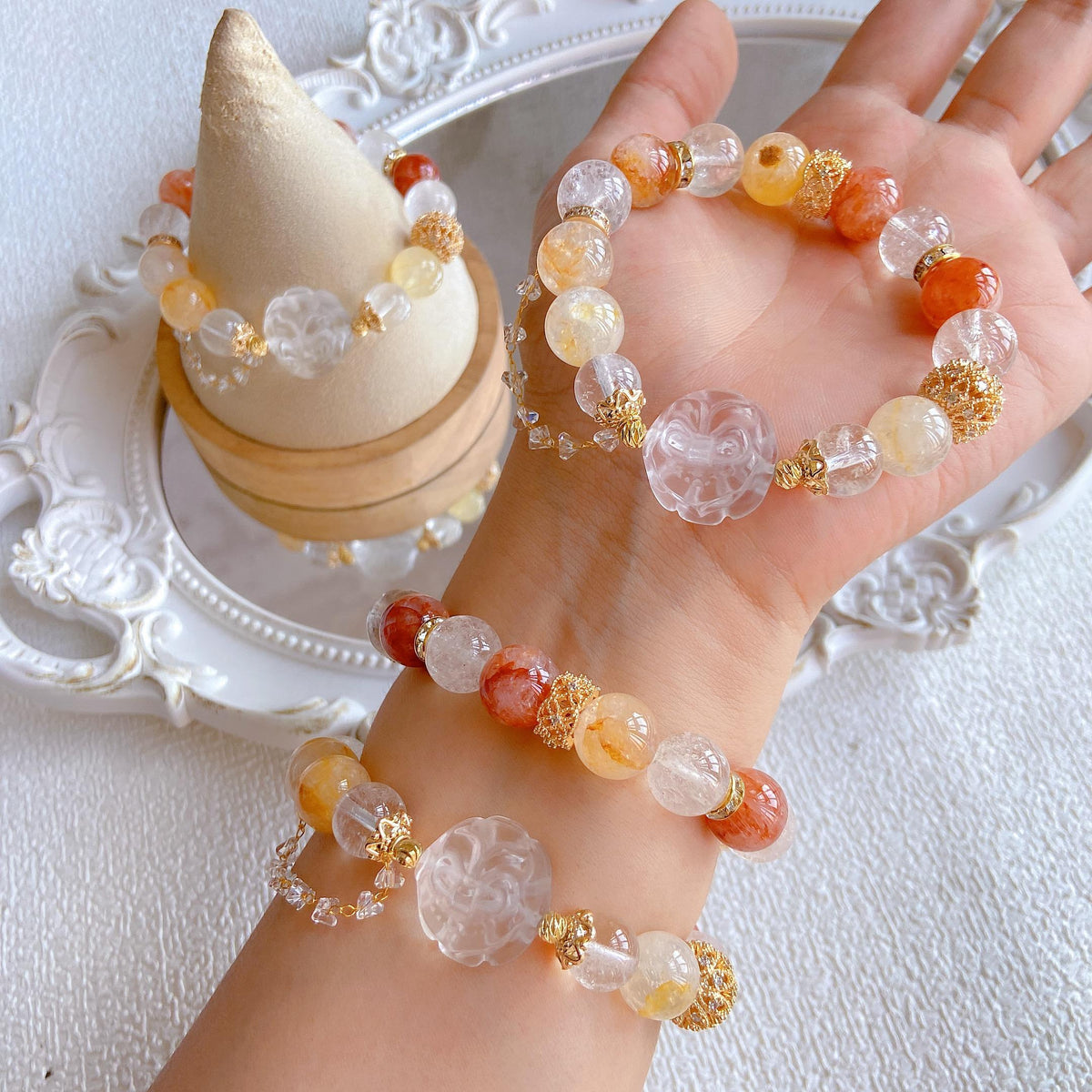 Koi Fox Bracelet – Colorful Rutilated Quartz & Clear Quartz Beads, 12mm+ Lying Fox Design for Good Luck