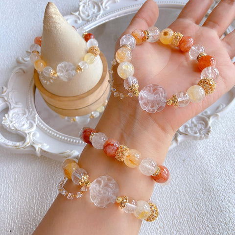 Koi Fox Bracelet – Colorful Rutilated Quartz & Clear Quartz Beads, 12mm+ Lying Fox Design for Good Luck