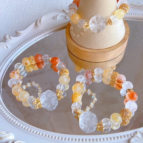 Koi Fox Bracelet – Colorful Rutilated Quartz & Clear Quartz Beads, 12mm+ Lying Fox Design for Good Luck