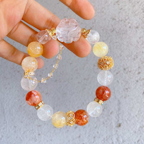 Koi Fox Bracelet – Colorful Rutilated Quartz & Clear Quartz Beads, 12mm+ Lying Fox Design for Good Luck