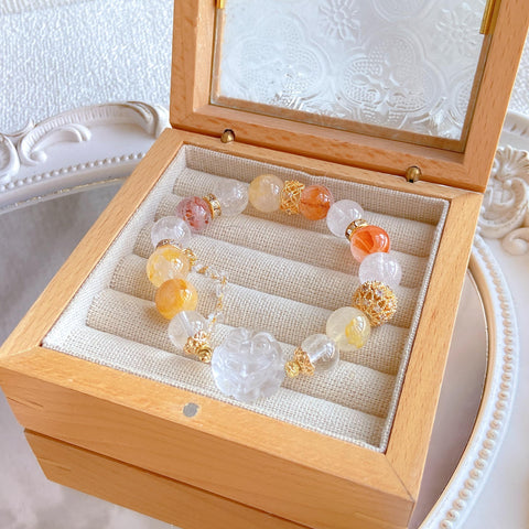 Koi Fox Bracelet – Colorful Rutilated Quartz & Clear Quartz Beads, 12mm+ Lying Fox Design for Good Luck
