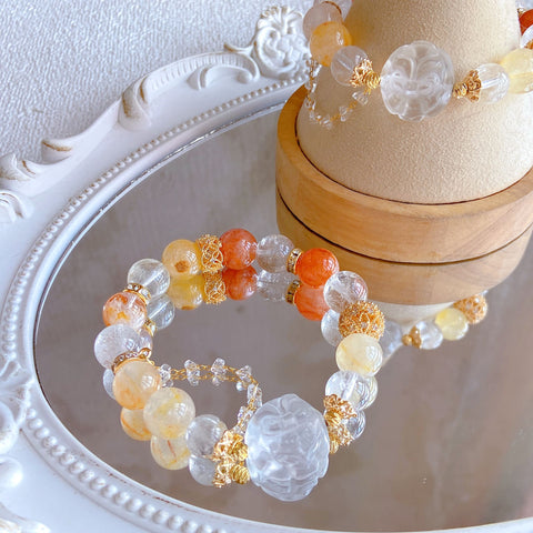 Koi Fox Bracelet – Colorful Rutilated Quartz & Clear Quartz Beads, 12mm+ Lying Fox Design for Good Luck