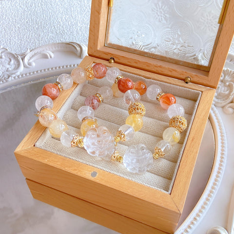 Koi Fox Bracelet – Colorful Rutilated Quartz & Clear Quartz Beads, 12mm+ Lying Fox Design for Good Luck