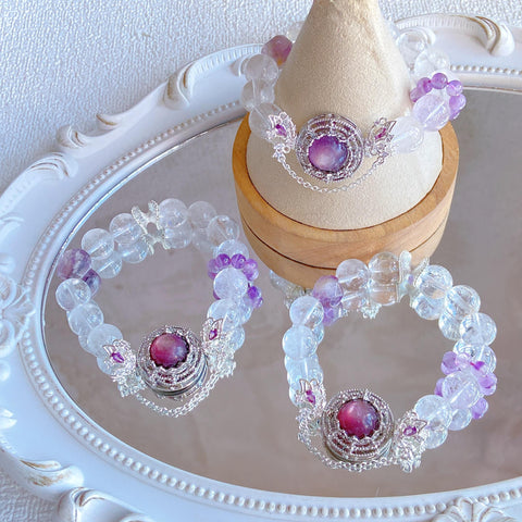 Milda Purple Butterfly Bracelet – Lepidolite, Clear Quartz & Purple Phantom Cut Beads, 12mm+ Enchanting Design