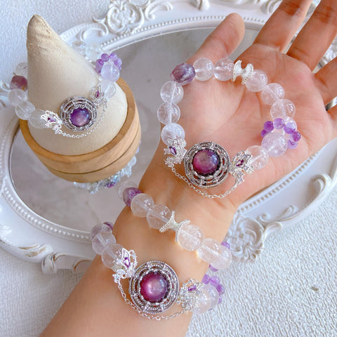 Milda Purple Butterfly Bracelet – Lepidolite, Clear Quartz & Purple Phantom Cut Beads, 12mm+ Enchanting Design