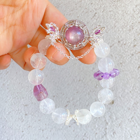 Milda Purple Butterfly Bracelet – Lepidolite, Clear Quartz & Purple Phantom Cut Beads, 12mm+ Enchanting Design