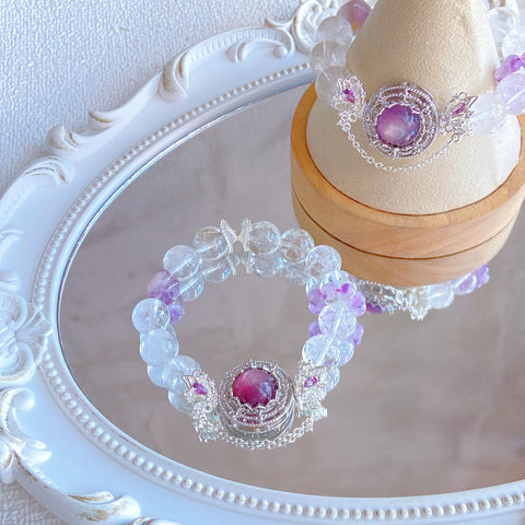 Milda Purple Butterfly Bracelet – Lepidolite, Clear Quartz & Purple Phantom Cut Beads, 12mm+ Enchanting Design