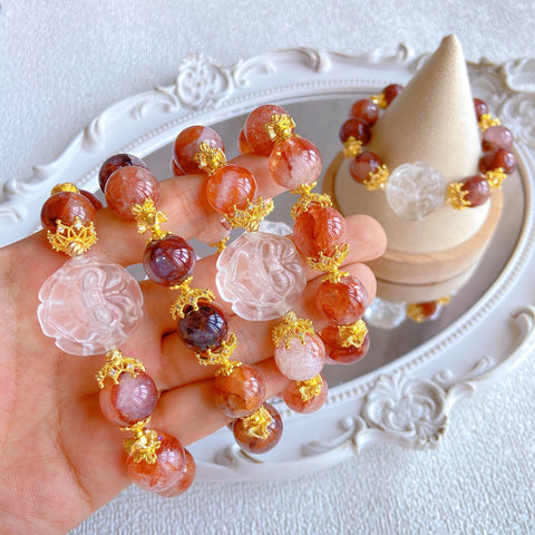 Red Adorned Spirit Fox Necklace – Large 25mm Fox, 15mm Red Flower Crystal Beads, Gold-Red Luxury Queen’s Jewelry