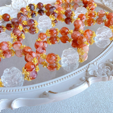 Red Adorned Spirit Fox Necklace – Large 25mm Fox, 15mm Red Flower Crystal Beads, Gold-Red Luxury Queen’s Jewelry