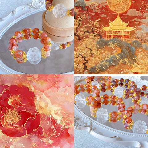 Red Adorned Spirit Fox Necklace – Large 25mm Fox, 15mm Red Flower Crystal Beads, Gold-Red Luxury Queen’s Jewelry