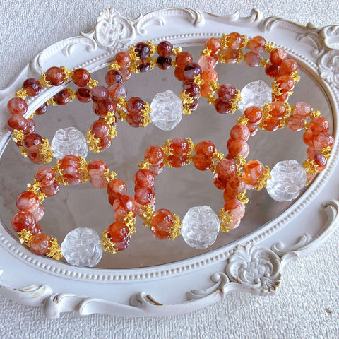 Red Adorned Spirit Fox Necklace – Large 25mm Fox, 15mm Red Flower Crystal Beads, Gold-Red Luxury Queen’s Jewelry