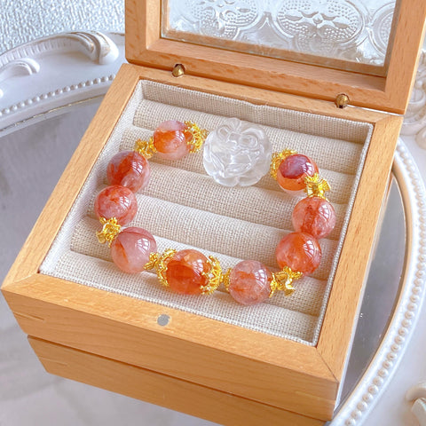 Red Adorned Spirit Fox Necklace – Large 25mm Fox, 15mm Red Flower Crystal Beads, Gold-Red Luxury Queen’s Jewelry