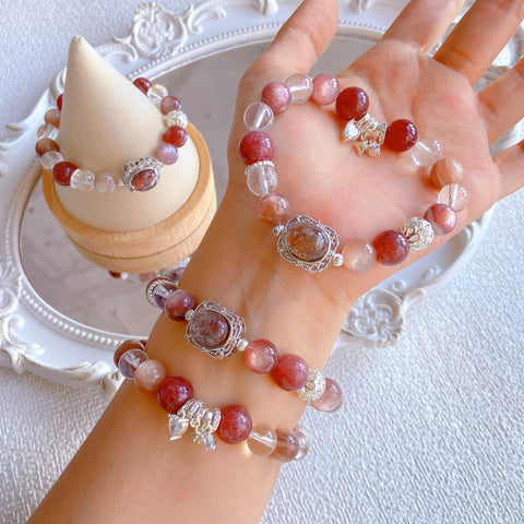 Sweetheart Berry Natural Crystal Set - Pink Purple Lepidolite & Cherry Star Cherry Starlight Strawberry Quartz & Clear Quartz- 10mm+ Sparkling Vitality Style