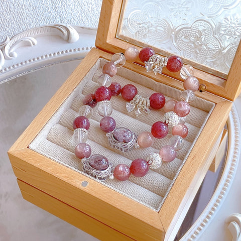 Sweetheart Berry Natural Crystal Set - Pink Purple Lepidolite & Cherry Star Cherry Starlight Strawberry Quartz & Clear Quartz- 10mm+ Sparkling Vitality Style